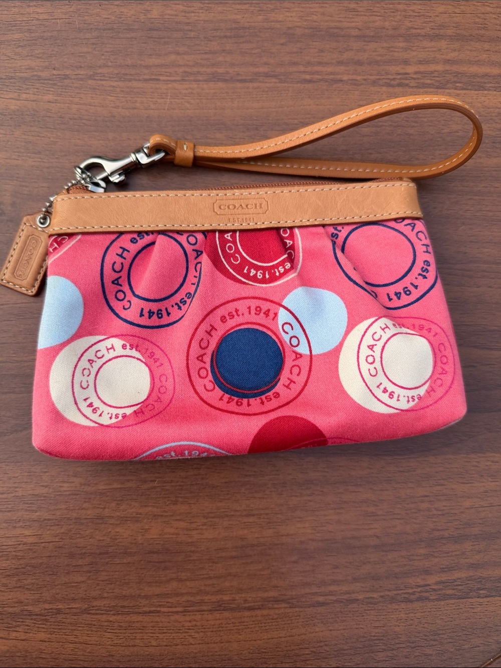 Coach Red and Pink Circle Print Wristlet with Leather Trim